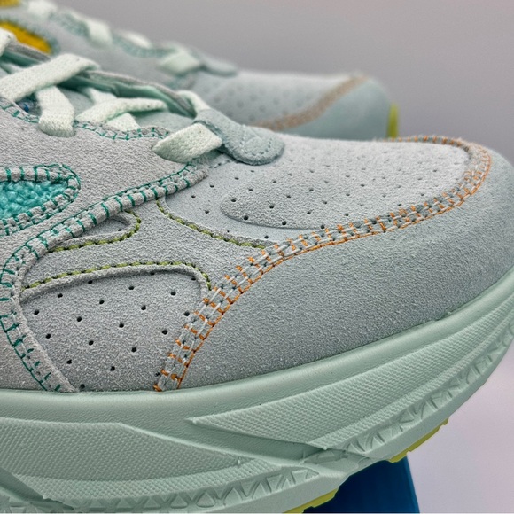 NWT Hoka Clifton Leather Embroidery UNISEX Shoes blue glass radiant yellow NEW - Picture 14 of 16